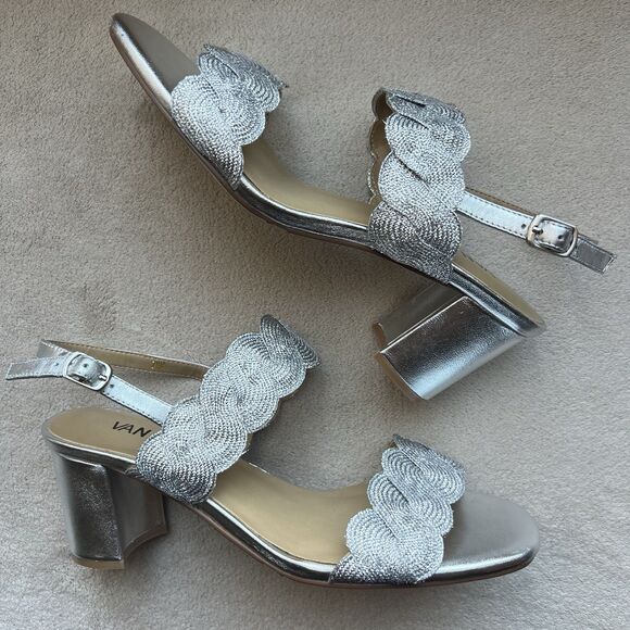 NEW Vaneli Lettie Metallic Silver Block Heel Sandals Women 7.5 Ankle Strap Weave - Picture 1 of 16